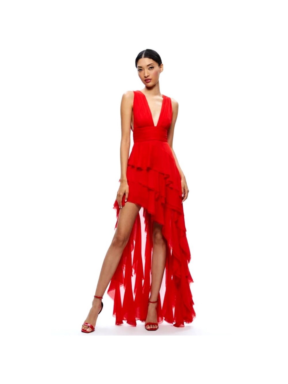 Alice + Olivia Red High-Low Ruffle V-Neck Dress